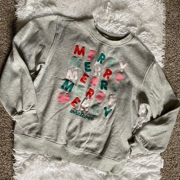 Mighty Fine Merry Whatever Holiday Gray Crew Neck Sweatshirt Girls Size Medium - Picture 1 of 5